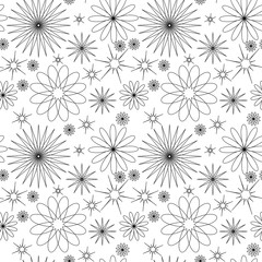 Vector seamless background with black flower elements on white background