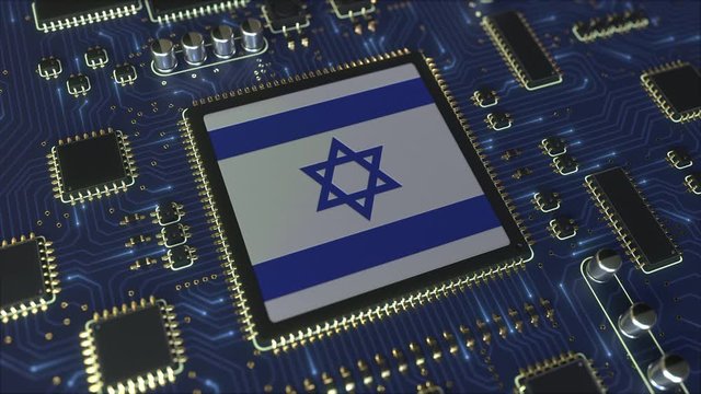 National flag of Israel on the operating chipset. Israeli information technology or hardware development related conceptual 3D animation