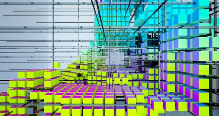 Abstract white and colored gradient  interior from array cubes with large window. 3D illustration and rendering.