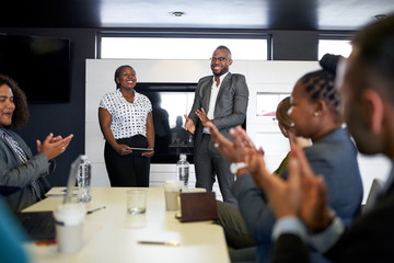 african american business people in presentation with black audience - 305758760