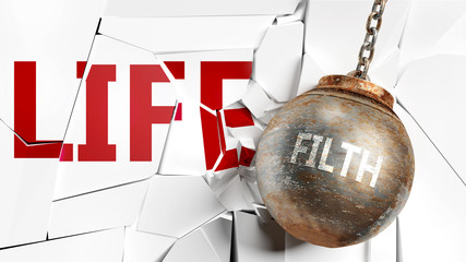 Filth and life - pictured as a word Filth and a wreck ball to symbolize that Filth can have bad effect and can destroy life, 3d illustration