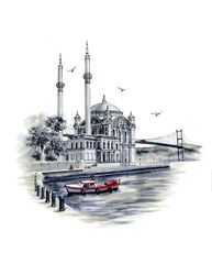 Obraz premium Ortakoy mosque in İstanbul Turkey. Watercolor illustration.İsolated on white.