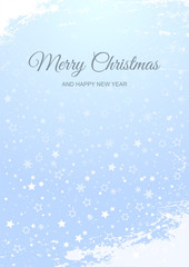 Frost christmas background with falling stars and snowflakes. Bright vertical snowy wish card design.