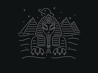 White on black background Alien Sphinx with pyramids vector design
