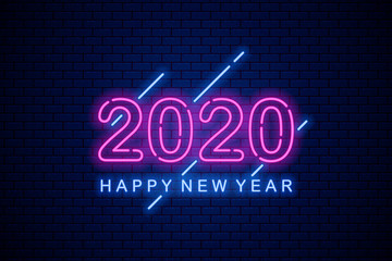 Happy 2020 new year. Neon greeting sign on dark brick background.