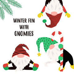 christmas winter card with funny gnomes