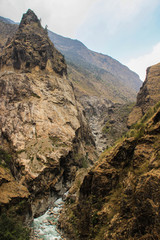 Stunning beautiful views of the nature of the Himalayan mountains in Nepal. The highest pedestrian pass in the world Torong La on a trekking circle around Annapurna. mountain river with clean  water.