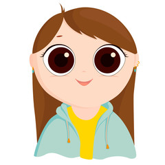 Cartoon girl in a yellow shirt and blue jacket on white background. Character with big eyes and earrings. 