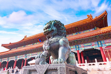 Chinese guardian Lion in Forbidden City, Beijing, China - obrazy, fototapety, plakaty