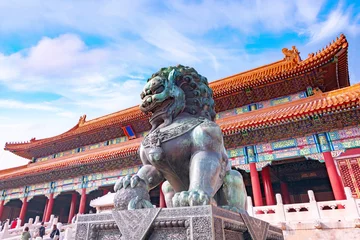Papier Peint photo Lavable Pékin Lion gardien chinois dans la Cité Interdite, Pékin, Chine