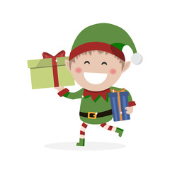 Christmas goblin. Little elf with presents. Vector illustration
