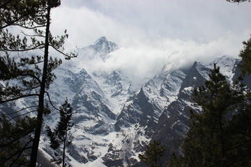 Stunning beautiful views of the nature of the Himalayan mountains in Nepal. The highest pedestrian pass in the world Torong La on a trekking circle around Annapurna. Snow in the mountains.