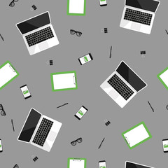 Vector seamless pattern of business workplace objects and items on grey background. Flat design of workspace with laptop, notebook, smartphone, eyeglasses etc. Design for web page backgrounds, fabric,