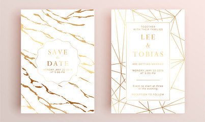 Beautiful set of wedding card templates. Gold collection of geometrical polyhedron, art deco style for wedding invitation, luxury templates, decorative patterns.