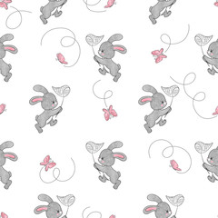 Schattige cartoon konijntje en vlinders naadloze vector patroon. Babyprint.