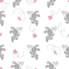 Fotobehang Konijn Schattige cartoon konijntje en vlinders naadloze vector patroon. Babyprint.