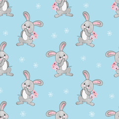Seamless pattern with cute bunny and flowers. Baby print with cartoon rabbits.