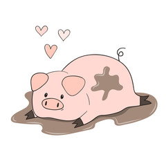 Cute cartoon pig in the puddle of mud. Vector illustration.