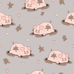 Seamless pattern with cute cartoon pigs in mud.