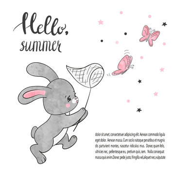 Cute cartoon bunny with butterfly. Vector illustration. Birthday card design.