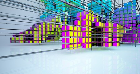 Abstract white and colored gradient  interior from array cubes with large window. 3D illustration and rendering.