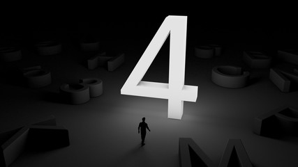3D illustration of an illuminated number 4 and a man standing in front of it