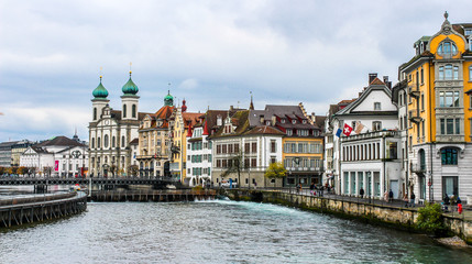 Jesuit Church along the river Reuss in Lucerne's old town. Switzerland.