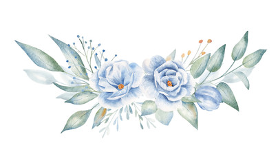Blue flowers and plant twigs hand drawn aquarelle illustration - 305764787