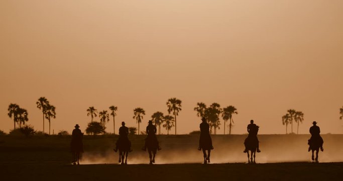 Spectacular view of a Group of horse riders riding at sunset on the Makgadikgadi salt Pans while the horses hooves kick up dust