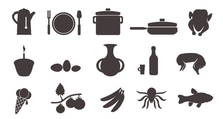 Food icons. Set of flat and isolated symbols for food website. Kitchen set of signs or emblems. Vector stock illustration. Flat style. Simple grey silhouette. White background.