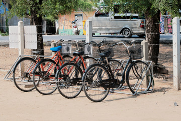 Fototapeta na wymiar Bicycle parking, travel road city street park