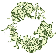 Indian rupee notes falling. Messy INR bills on whi