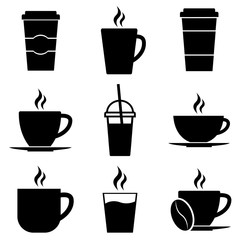 Coffee set icons, logo isolated on white background. Glasses and cups for coffee