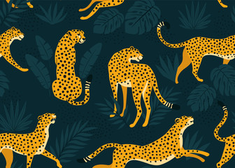Leopard pattern with tropical leaves. Vector seamless texture. © Angelina Bambina