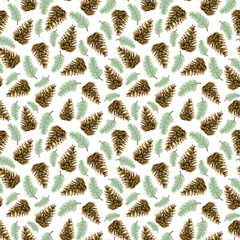 Fototapeta premium Pine cones and branches on a white background pattern.