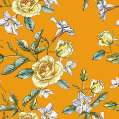 Floral seamless pattern with watercolor yellow roses and white flowers