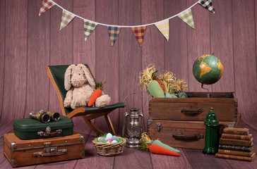 For Easter holidays, colorful backdrops for photo studios, with elements like: eggs, bunnies rabbit, carrots, easter signs, big flowers, giant mushrooms, boxes.