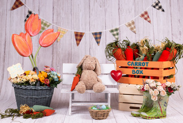 Fototapeta na wymiar For Easter holidays, colorful backdrops for photo studios, with elements like: eggs, bunnies rabbit, carrots, easter signs, big flowers, giant mushrooms, boxes.