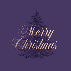 Merry Christmas Abstract Vector Retro Label, Sign or Card Template. Hand Drawn Pine Tree Sketch Illustration with Classy Retro Golden Typography. Premium Purple Background