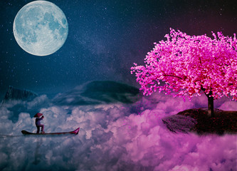 landscape with tree and moon and cherry blossom