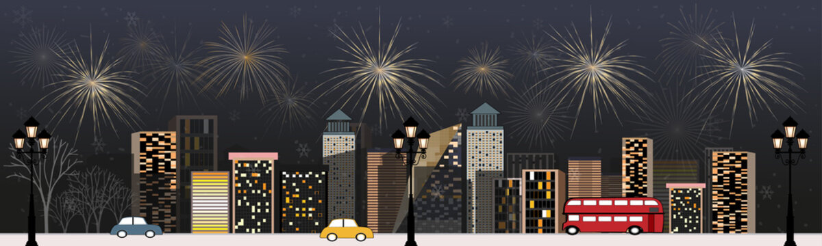 Cityscape in the dark night with firework background, Panorama view of City skyline with towers, office and residental buildings.  Vector illustration, Concept for New Year or Christmas greeting card