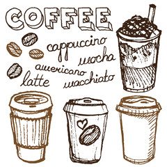 Vector illustration of frappe cup to go with cream, chocolate takeaway and coffee beans set with lettering in brown color