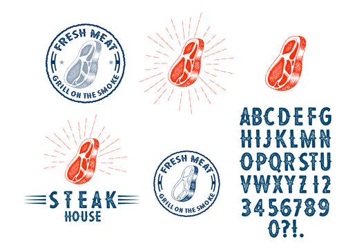 Custom handwritten alphabet. Retro textured hand drawn typeface with grunge effect. Letters and Numbers. Serif Font.Set of Textured meat and steak Badges, Emblems, Logos and Design Elements.