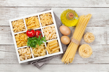 Various pasta in wooden box