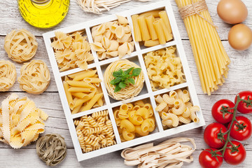 Various pasta in wooden box