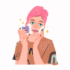 Skin care routine. Beautiful young lady with pink towel turban and octopus sponge. Face care concept. Cleansing, moisturizing, treating. Hand drawn vector illustration. Cartoon style. Flat design