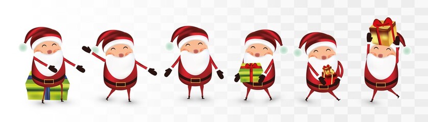 Collection of Christmas little Santa Clause isolated on transperent background. Santa Clouse with gift present. Icon set. Vector illustration