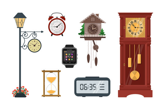 Clocks. Set of diversity clocks on white background