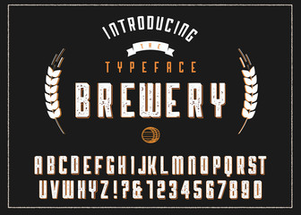 Brewery vintage alphabet font. Custom handwritten alphabet. Retro textured hand drawn typeface with grunge effect. Vector illustration. Letters and Numbers. Original Design