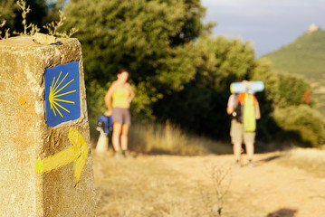 Woman hiker rests next to a sign of the Camino de Santiago in Spain during her adventure trip on...